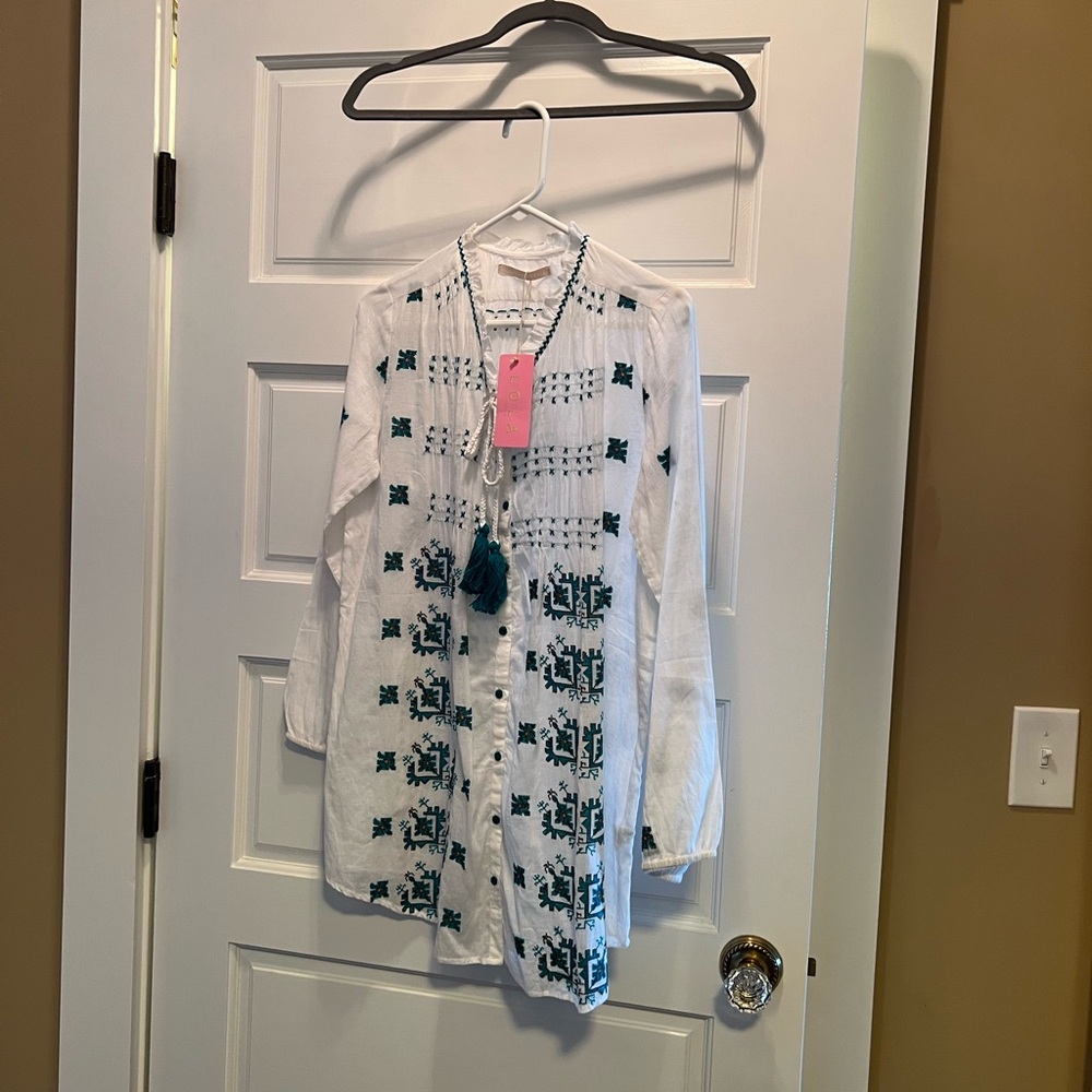 Embroidered White and Green Swim Coverup